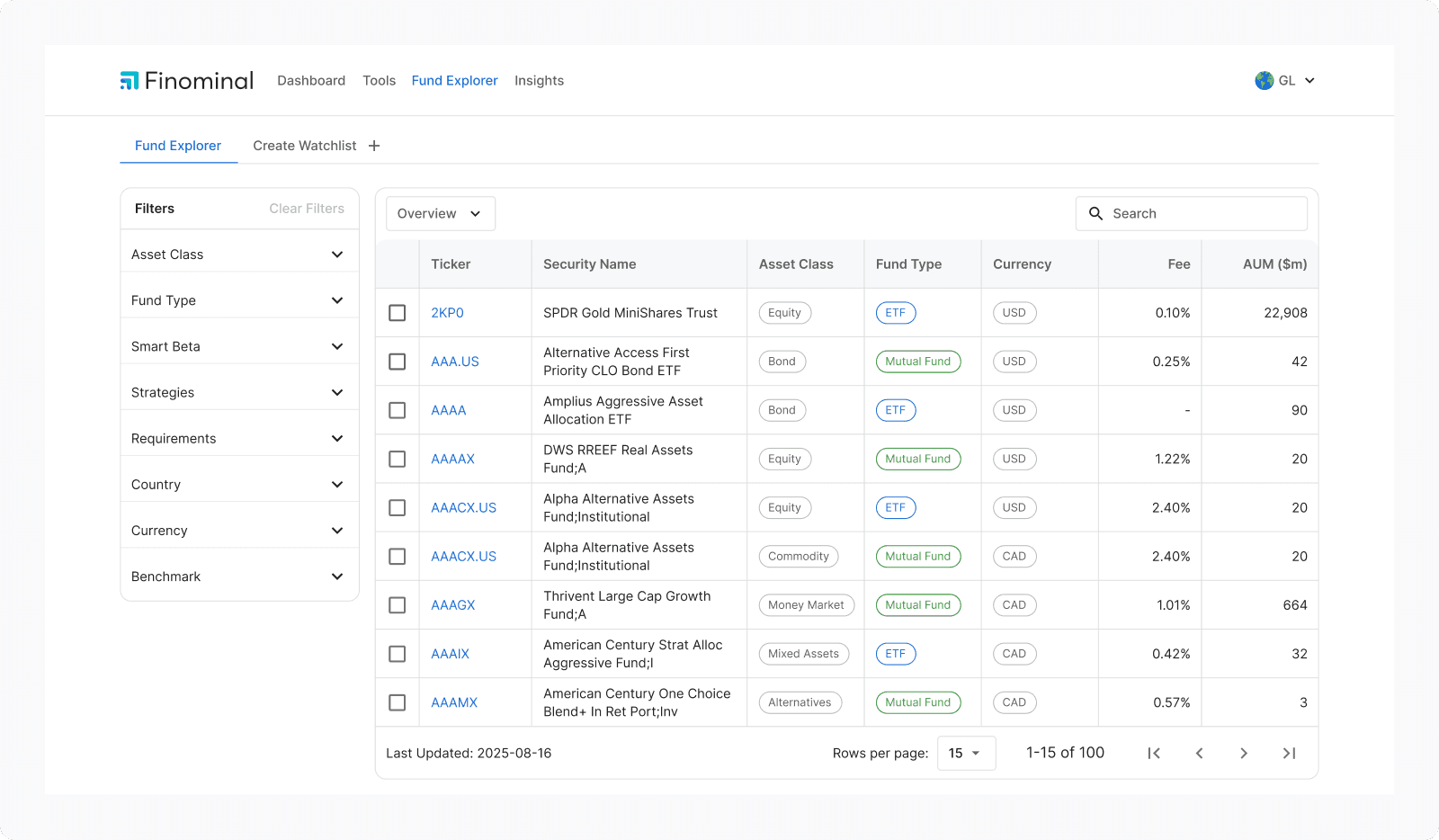Fund explorer interface