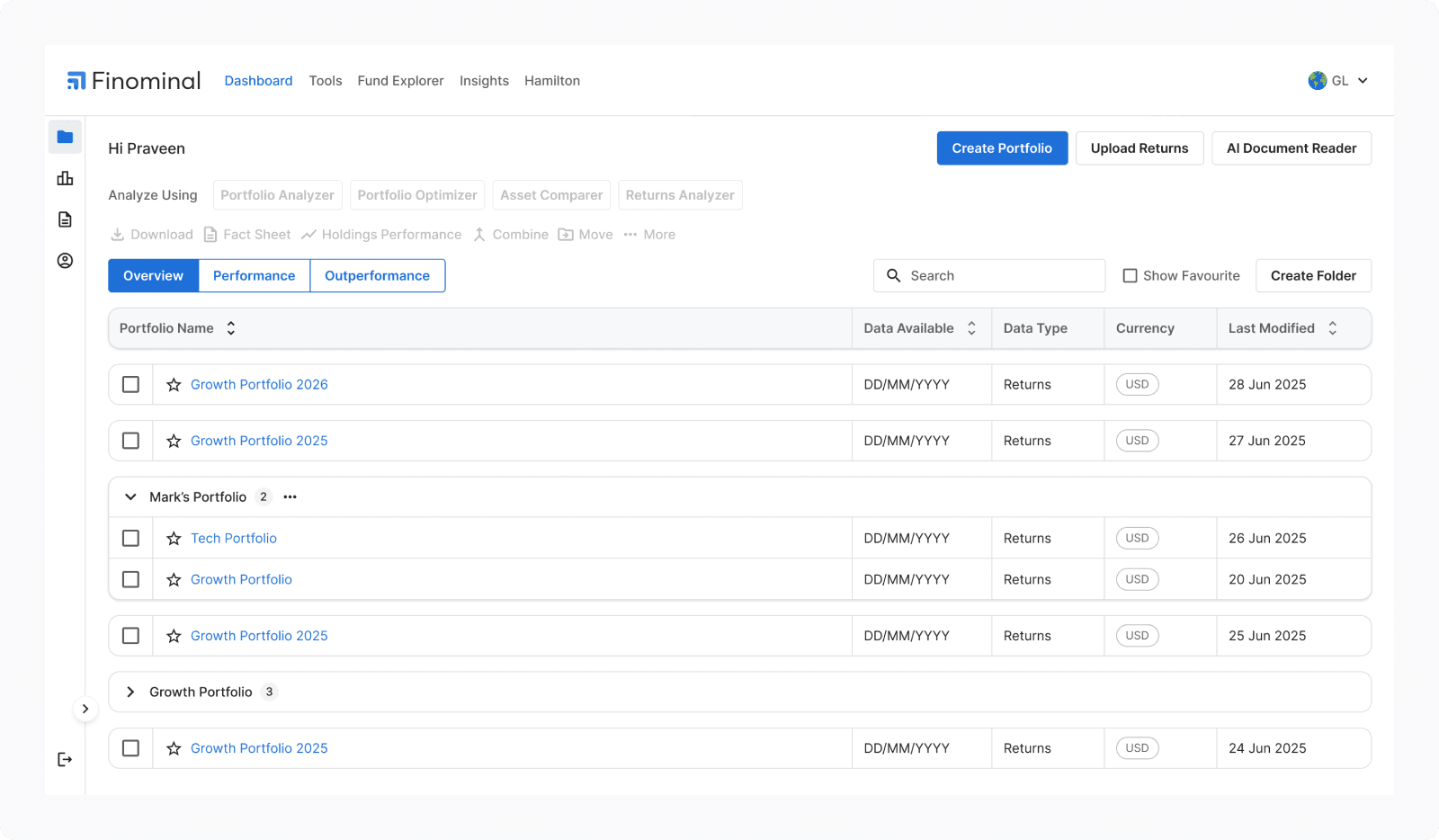 Finominal portfolio analysis dashboard